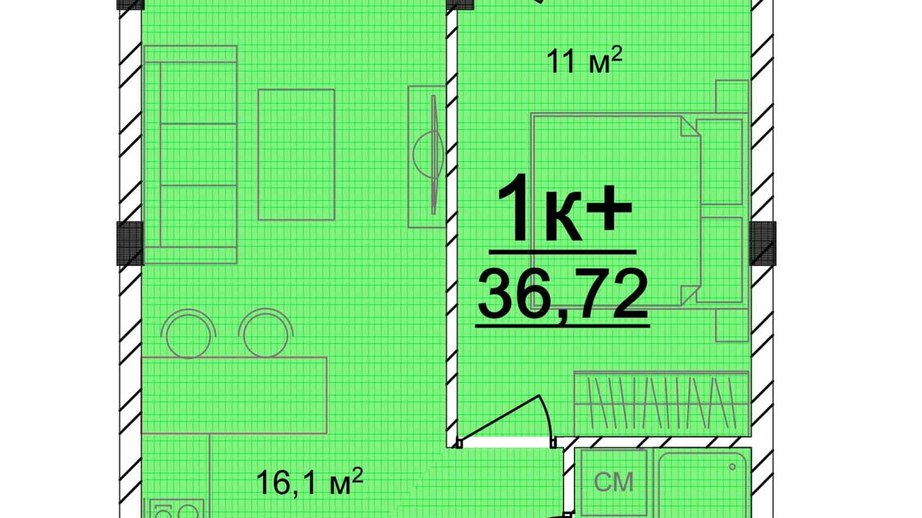 Планування 1-кімнатної квартири в ЖК Маріїнський 36.72 м², фото 616817