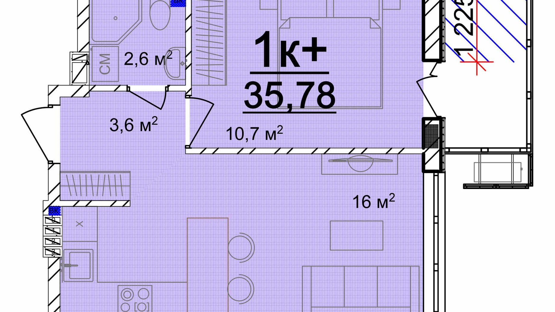 Планування 1-кімнатної квартири в ЖК Маріїнський 35.78 м², фото 616831