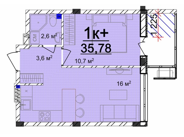 ЖК Маріїнський: планування 1-кімнатної квартири 35.78 м²