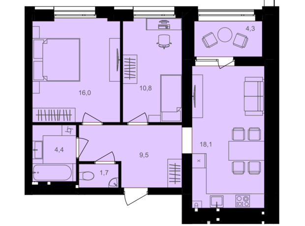 ЖК Lavanda Park: планування 2-кімнатної квартири 64.8 м²