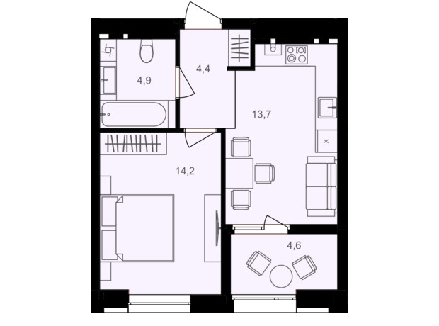 ЖК Lavanda Park: планування 1-кімнатної квартири 41.8 м²