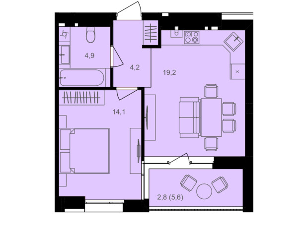 ЖК Lavanda Park: планування 1-кімнатної квартири 45.2 м²