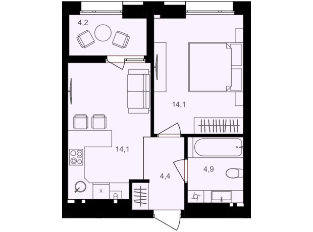 ЖК Lavanda Park: планування 1-кімнатної квартири 41.7 м²