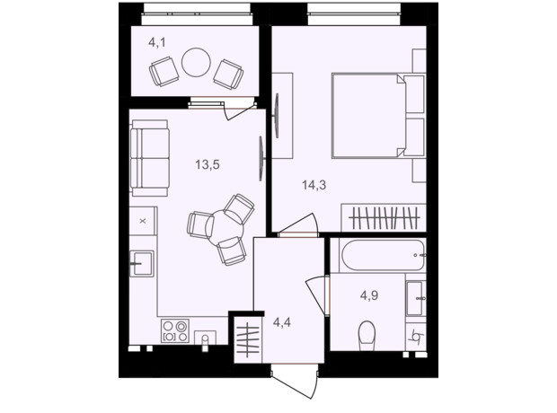 ЖК Lavanda Park: планування 1-кімнатної квартири 41.2 м²