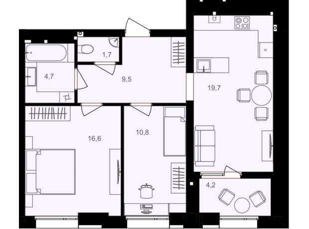 ЖК Lavanda Park: планування 2-кімнатної квартири 67.2 м²