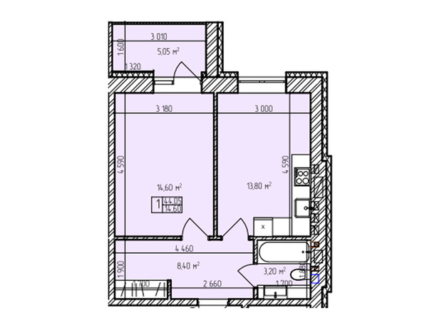 ЖК Автобиография Парк: планировка 1-комнатной квартиры 44.05 м²