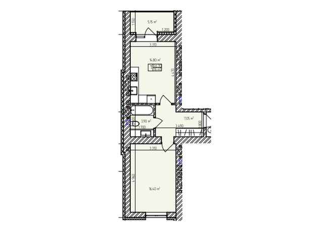 ЖК Автобиография Парк: планировка 1-комнатной квартиры 46.3 м²