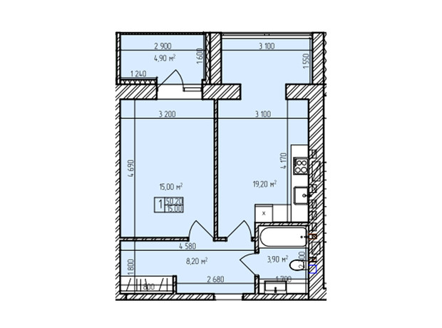 ЖК Автобіографія Парк: планування 1-кімнатної квартири 50.2 м²