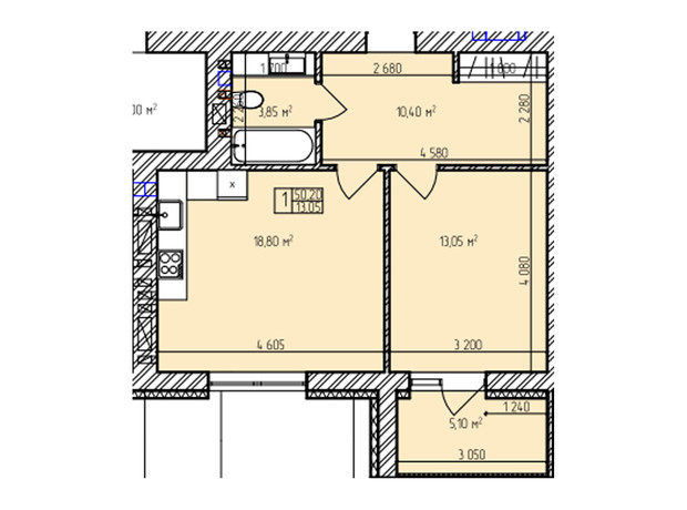 ЖК Автобиография Парк: планировка 1-комнатной квартиры 50.2 м²