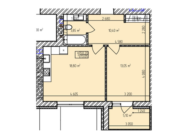 ЖК Автобіографія Парк: планування 1-кімнатної квартири 50.2 м²