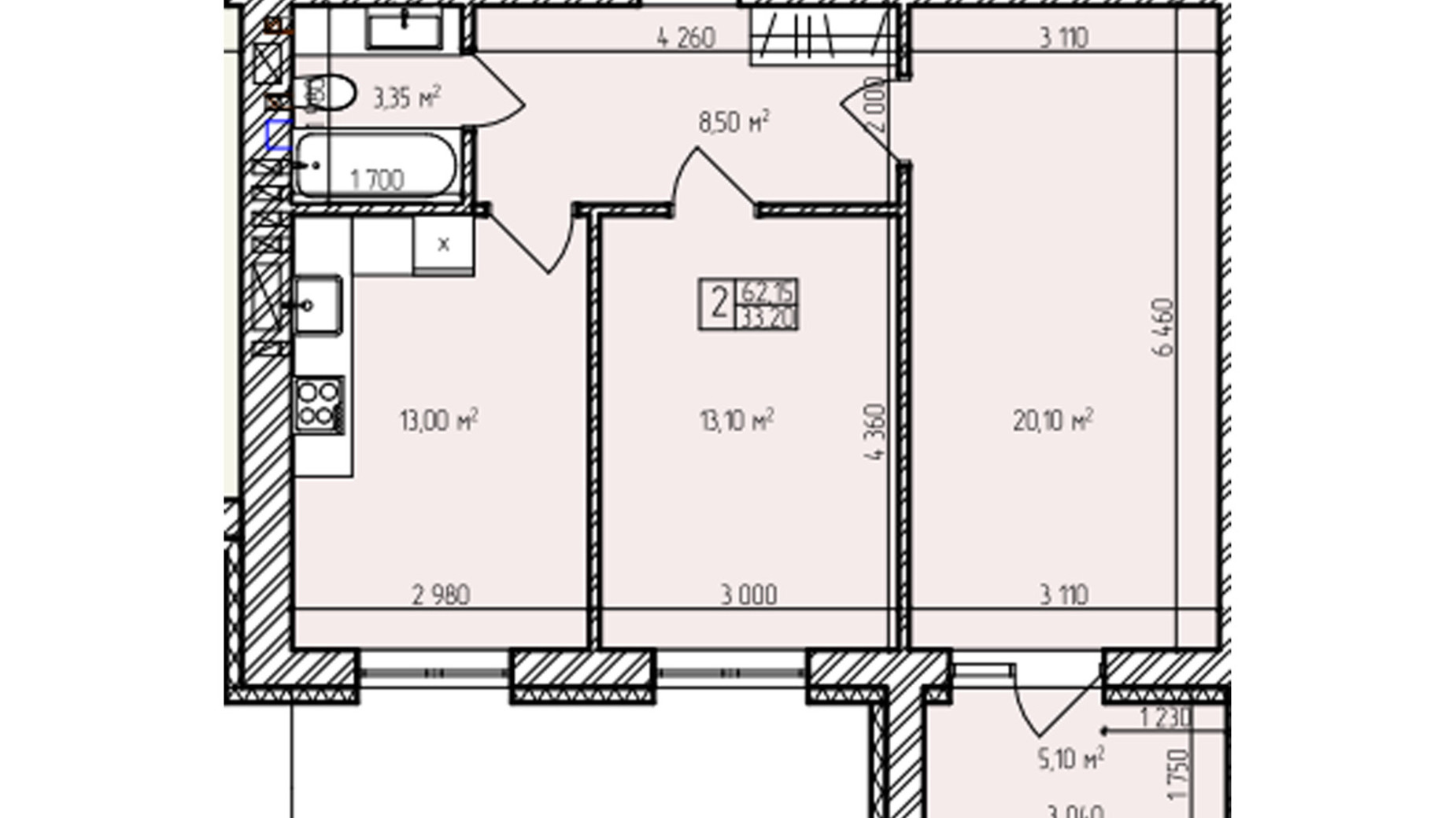 Планировка 2-комнатной квартиры в ЖК Автобиография Парк 62.15 м², фото 616960