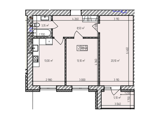 ЖК Автобиография Парк: планировка 2-комнатной квартиры 62.15 м²