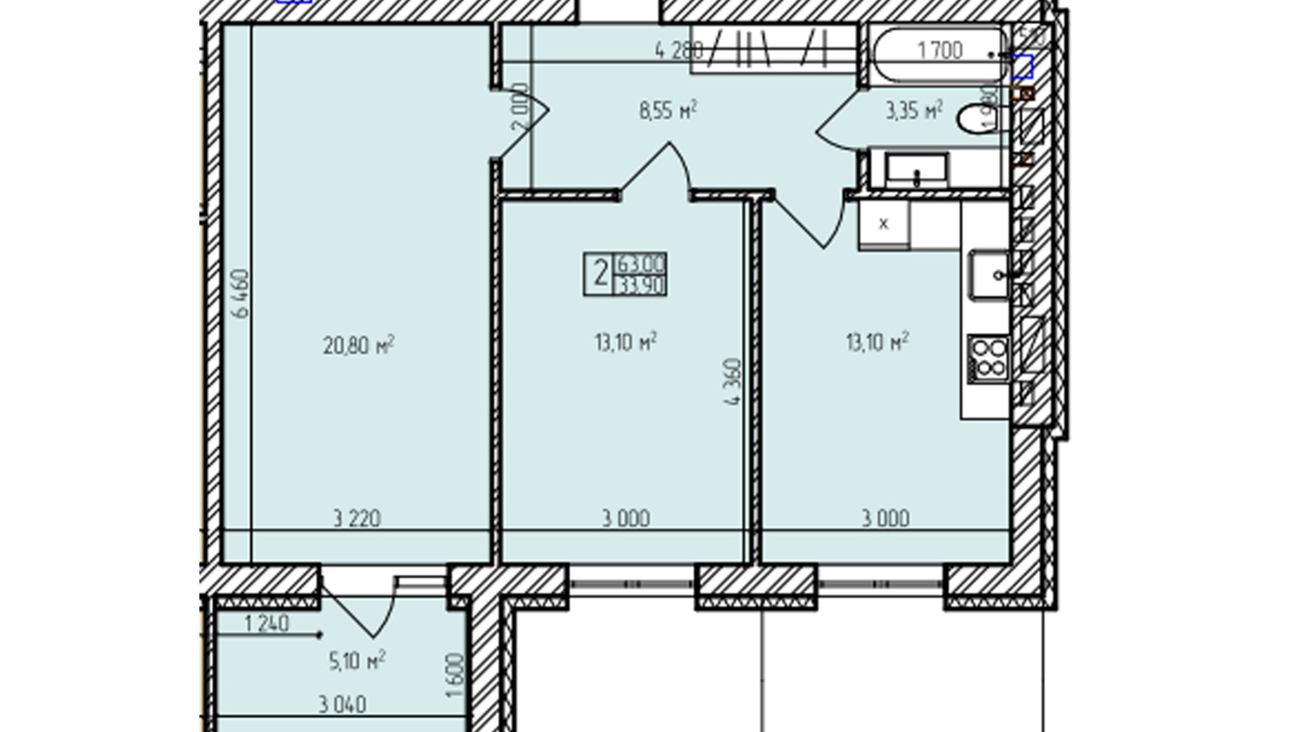 Планировка 2-комнатной квартиры в ЖК Автобиография Парк 63 м², фото 616961