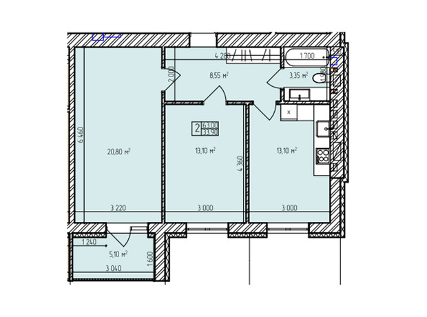 ЖК Автобиография Парк: планировка 2-комнатной квартиры 63 м²