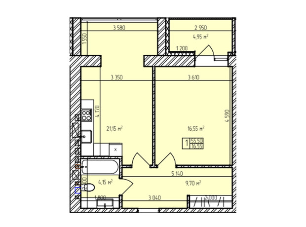 ЖК Автобіографія Парк: планування 1-кімнатної квартири 55.5 м²