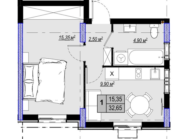 ЖК Plaza Kvartal 3: планировка 1-комнатной квартиры 32.65 м²