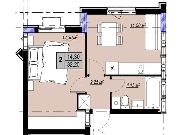 ЖК Plaza Kvartal 3: планировка 1-комнатной квартиры 32.2 м²