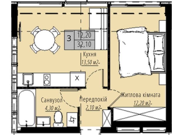 ЖК Plaza Kvartal 3: планировка 1-комнатной квартиры 32.1 м²