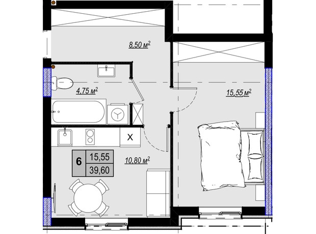 ЖК Plaza Kvartal 3: планування 1-кімнатної квартири 39.6 м²