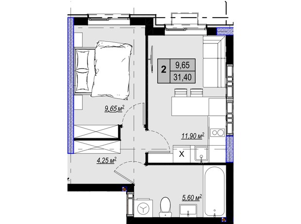 ЖК Plaza Kvartal 3: планировка 1-комнатной квартиры 31.4 м²