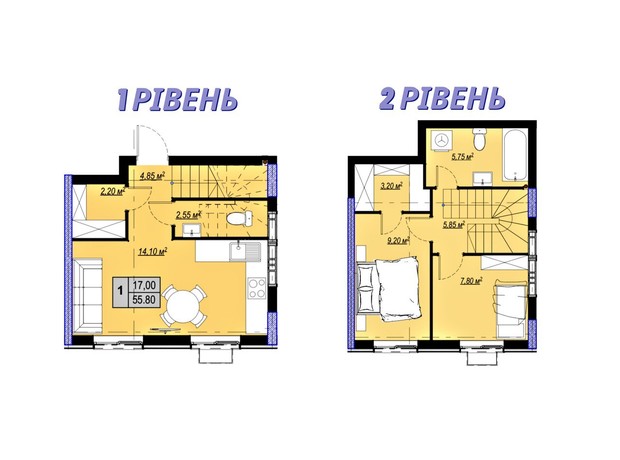 ЖК Plaza Kvartal 3: планування 2-кімнатної квартири 55.8 м²