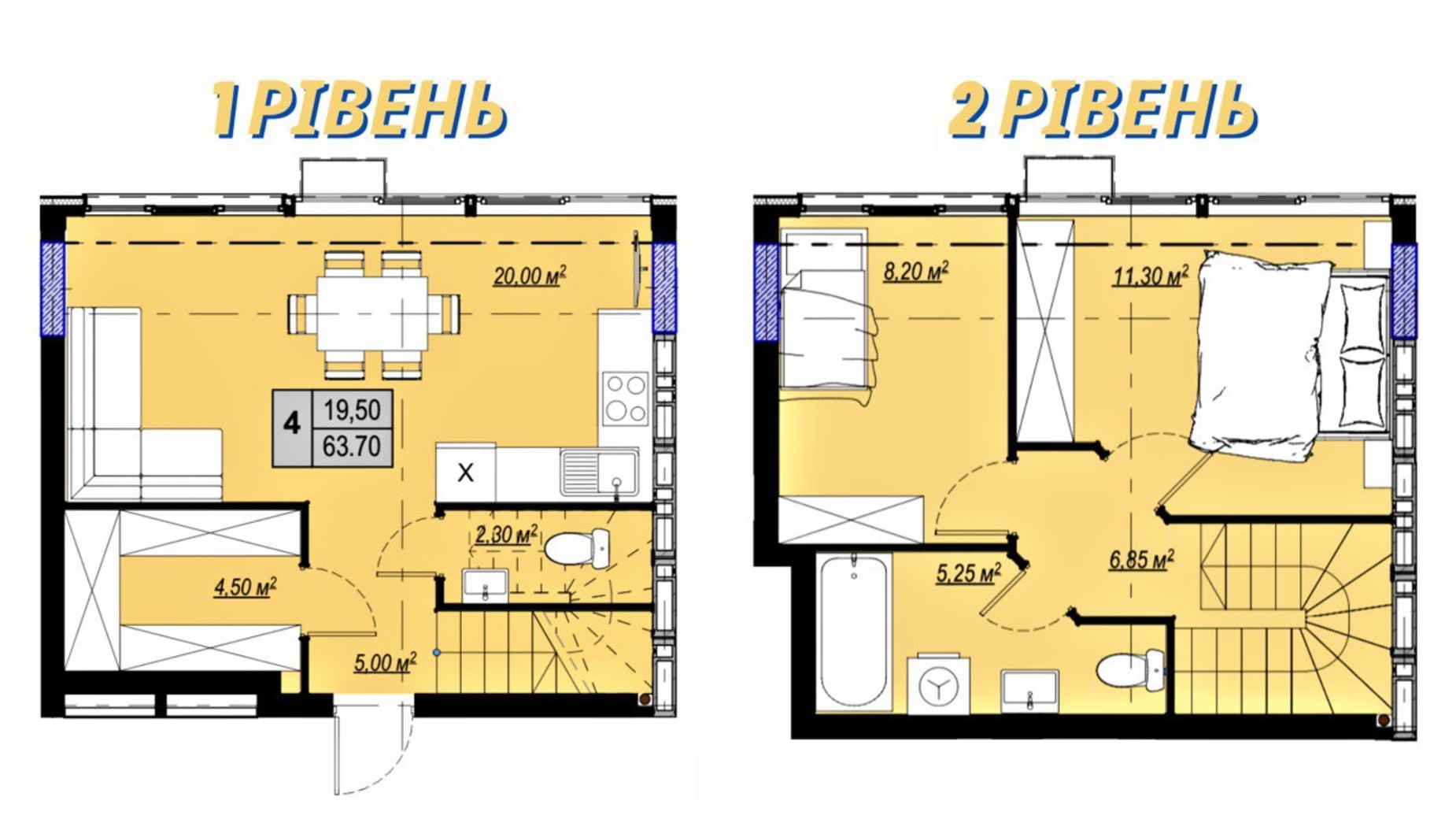 Планировка много­уровневой квартиры в ЖК Plaza Kvartal 3 63.7 м², фото 617052