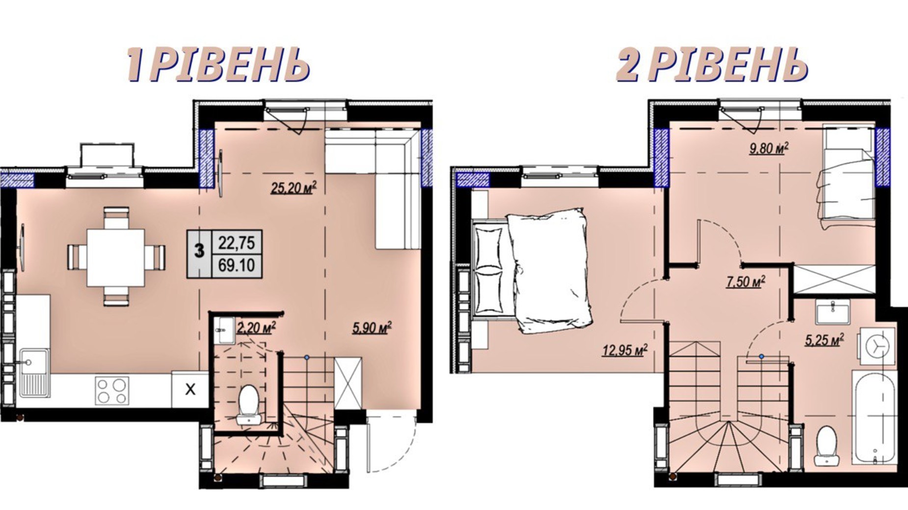 Планування багато­рівневої квартири в ЖК Plaza Kvartal 3 69.1 м², фото 617054