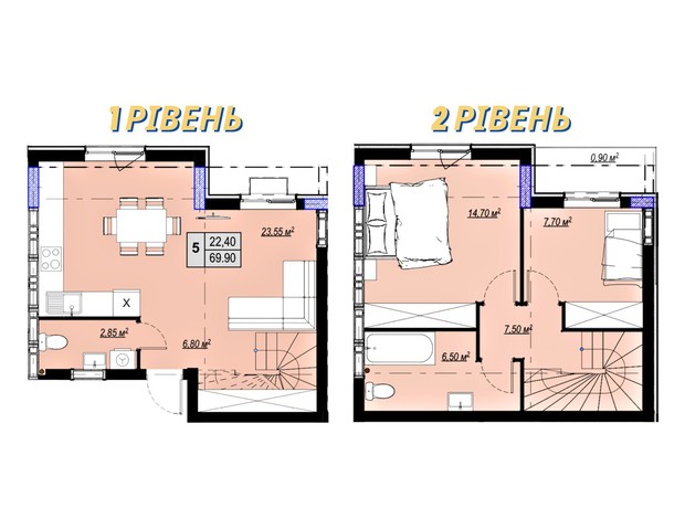 ЖК Plaza Kvartal 3: планировка 2-комнатной квартиры 69.9 м²