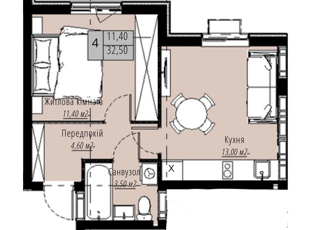 ЖК Plaza Kvartal 3: планировка 1-комнатной квартиры 32.5 м²