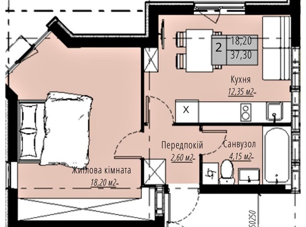 ЖК Plaza Kvartal 3: планировка 1-комнатной квартиры 37.3 м²