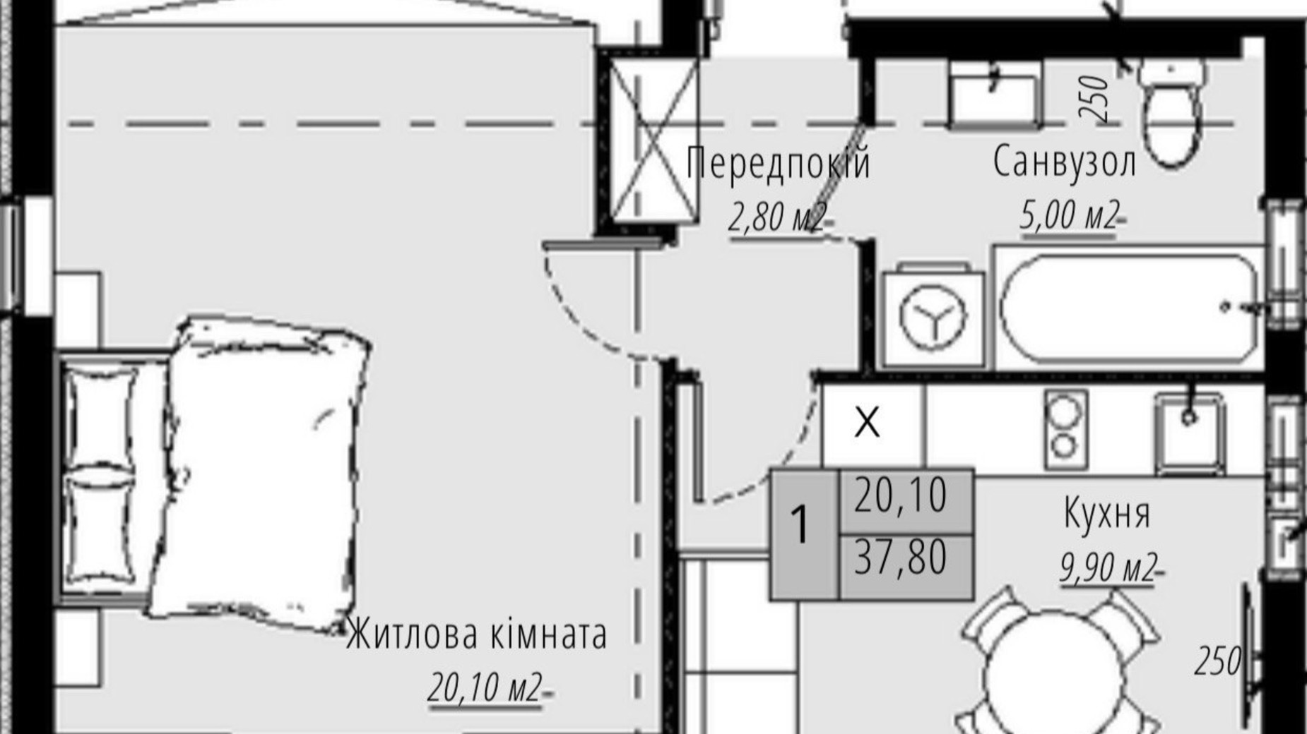 Планування 1-кімнатної квартири в ЖК Plaza Kvartal 3 37.8 м², фото 617060