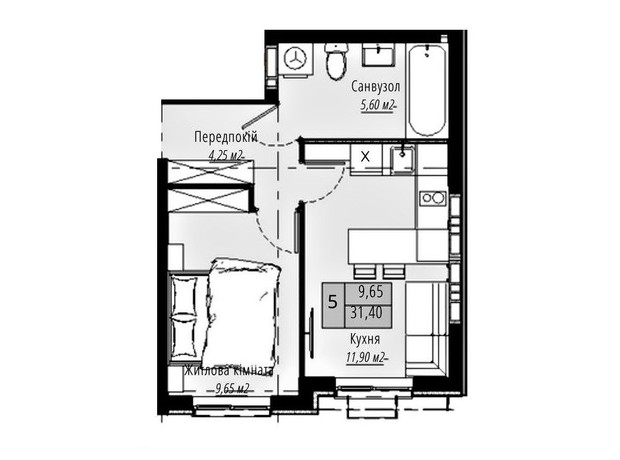 ЖК Plaza Kvartal 3: планировка 1-комнатной квартиры 31.4 м²