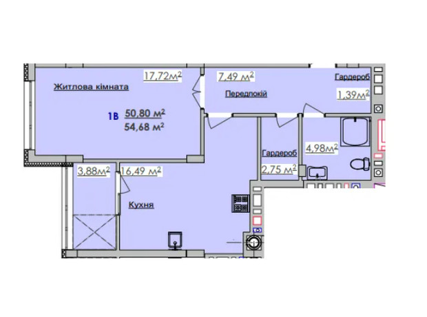 ЖК Соняшник: планировка 1-комнатной квартиры 54.68 м²