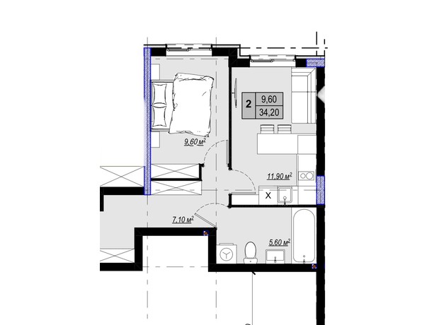 ЖК Plaza Kvartal 3: планування 1-кімнатної квартири 34.2 м²