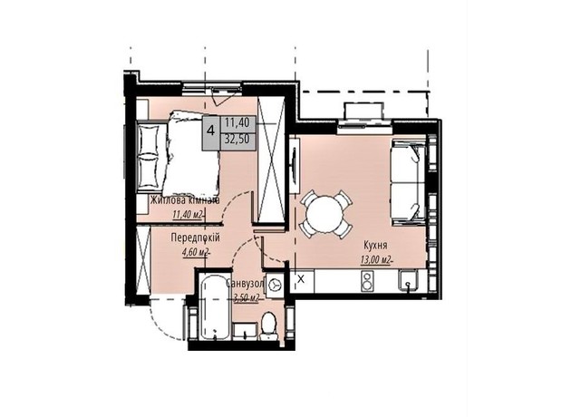 ЖК Plaza Kvartal 3: планировка 1-комнатной квартиры 32.1 м²