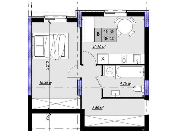 ЖК Plaza Kvartal 3: планировка 1-комнатной квартиры 39.6 м²