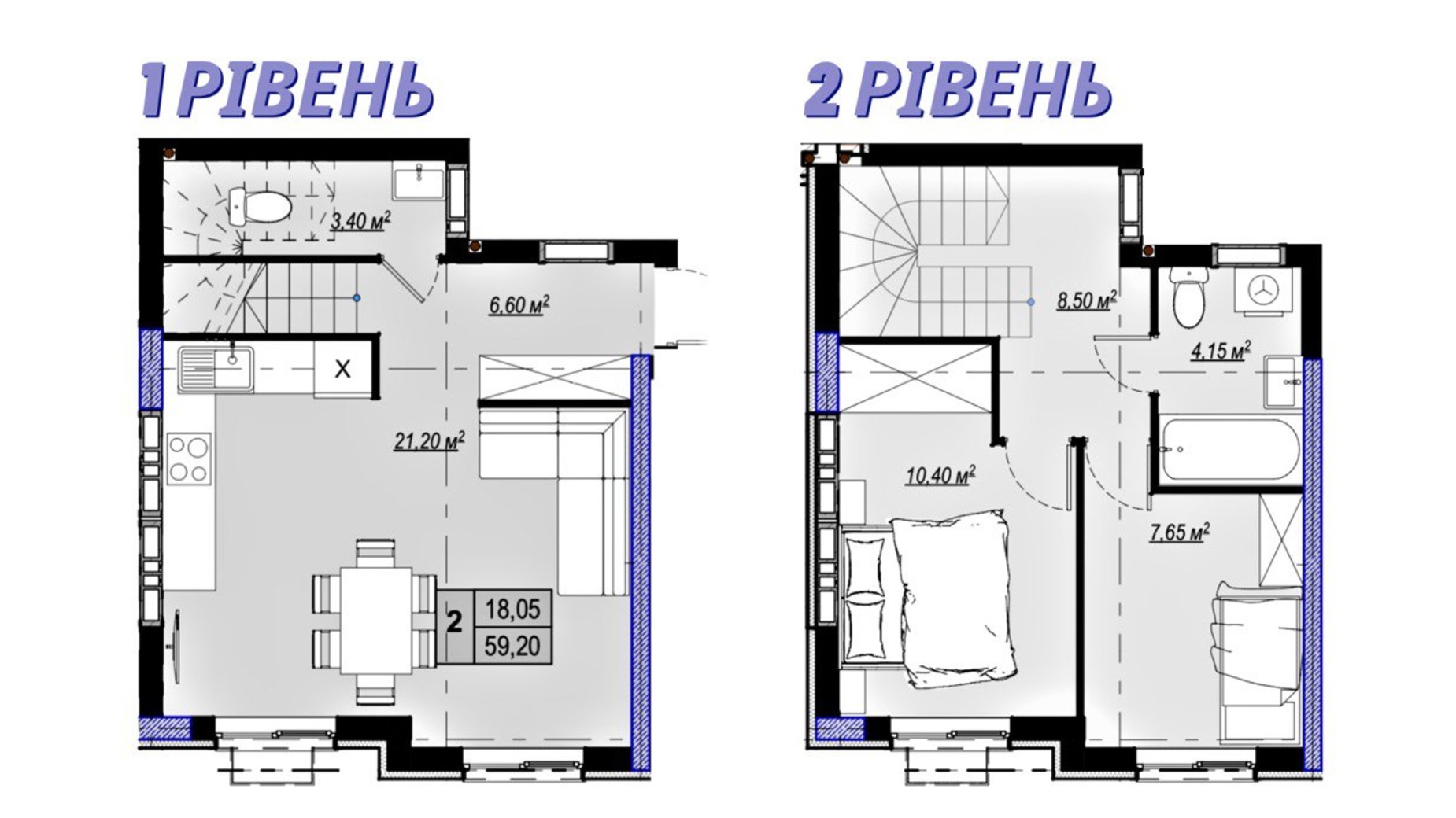 Планировка много­уровневой квартиры в ЖК Plaza Kvartal 3 59.2 м², фото 617085