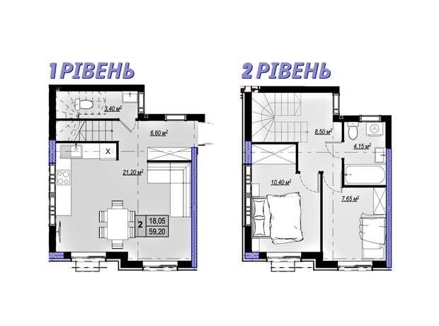 ЖК Plaza Kvartal 3: планировка 2-комнатной квартиры 59.2 м²