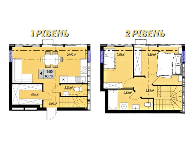 ЖК Plaza Kvartal 3: планування 2-кімнатної квартири 63.7 м²