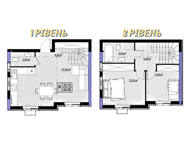 ЖК Plaza Kvartal 3: планування 2-кімнатної квартири 68.8 м²