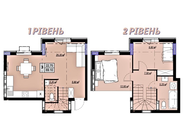 ЖК Plaza Kvartal 3: планування 2-кімнатної квартири 69.1 м²