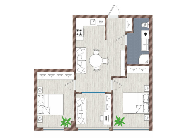 Апарт-комплекс Тиса Renovation: планировка 3-комнатной квартиры 61.3 м²