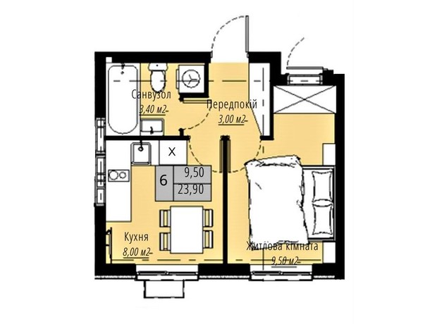 ЖК Plaza Kvartal 3: планировка 1-комнатной квартиры 23.9 м²