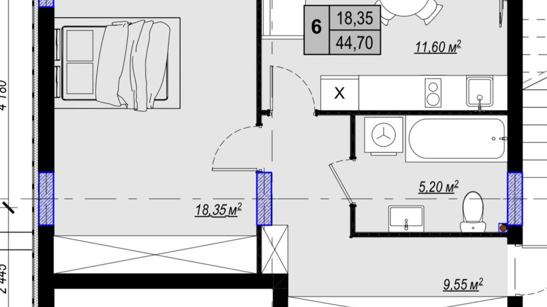 Планування 1-кімнатної квартири в ЖК Plaza Kvartal 3 44.7 м², фото 617152