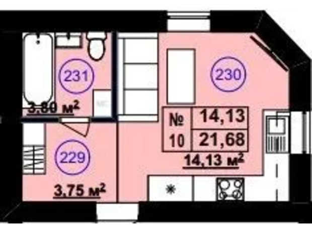 Клубный дом София 2: планировка 1-комнатной квартиры 21.68 м²