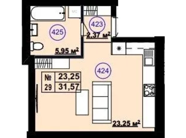 Клубный дом София 2: планировка 1-комнатной квартиры 31.57 м²