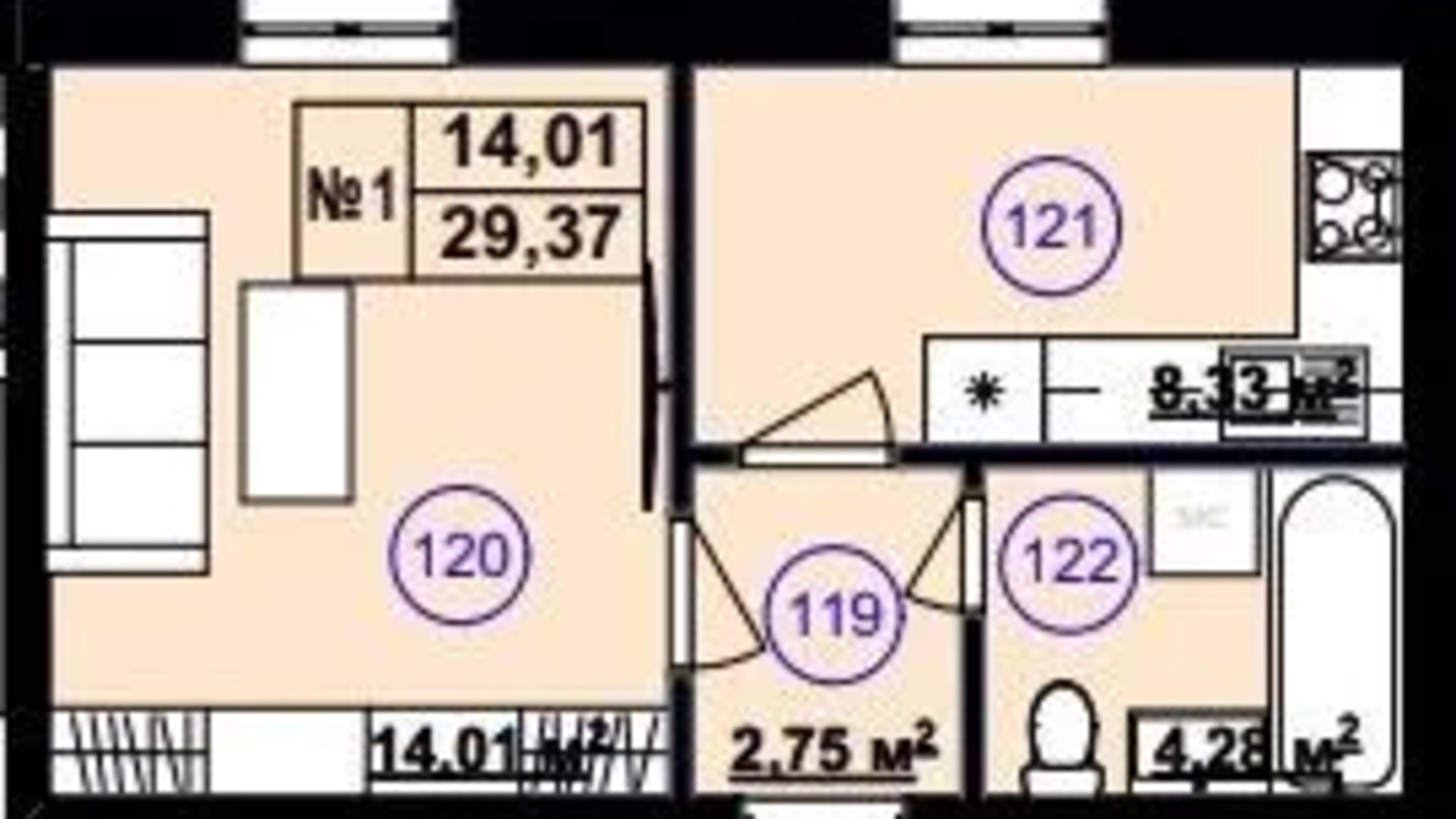 Планировка 1-комнатной квартиры в Клубный дом София 2 29.37 м², фото 617256