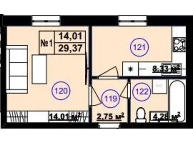 Клубный дом София 2: планировка 1-комнатной квартиры 29.37 м²