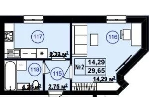 Клубный дом София 2: планировка 1-комнатной квартиры 29.65 м²