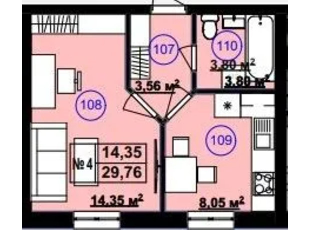 Клубный дом София 2: планировка 1-комнатной квартиры 29.76 м²